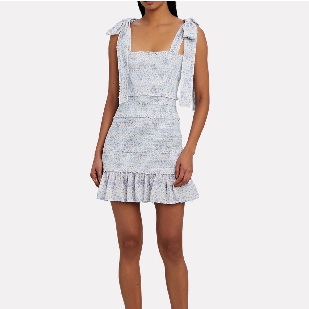 LoveShackFancy Belle Smocked Fitted Floral Mini Dress with Adjustable Straps Sm - Picture 3 of 11